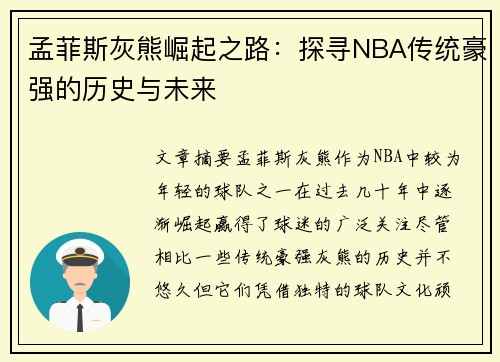 孟菲斯灰熊崛起之路：探寻NBA传统豪强的历史与未来